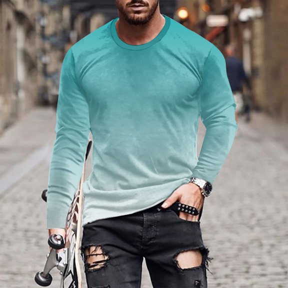 Goodtrade8 Long Sleeve Fall Tops for Men Crew Neck Gradient Casual Sky Blue Plus Size Shirts for Men