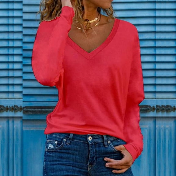 Goodtrade8 Long Sleeve Fall Tops for Women Cotton Solid Color Red V-Neck Casual Womens Shirts