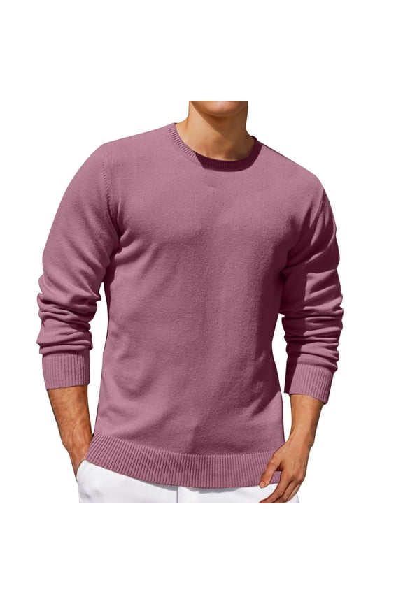 Long Sleeve Fall and Winter Tops for Men Solid Color Knitting Cotton Pink Crew Neck Casual Mens Shirts