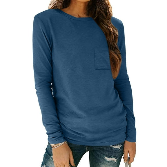 Goodtrade8 Long Sleeve Fall and Winter Tops for Women Navy Solid Color Casual Crew Neck Plus Size Shirts for Women