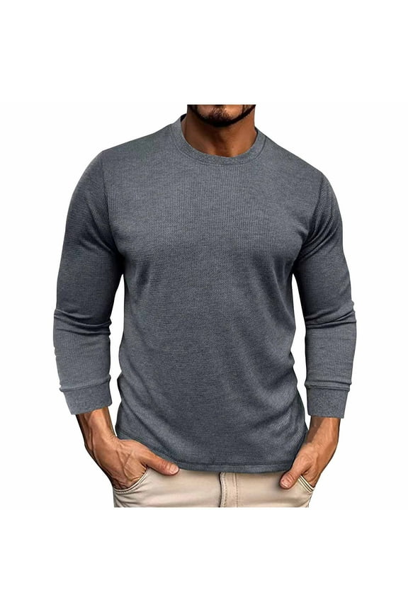 Long Sleeve Shirts for Men Solid Color Casual Waffle Knit Crew Neck Long Sleeve Dark Gray Mens Shirts Long Sleeve