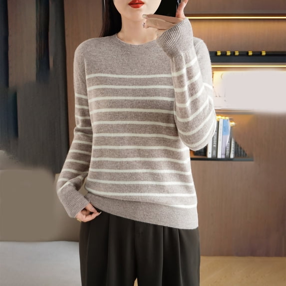 Goodtrade8 Long Sleeve Shirts for Women Sweater Womens Blouses Long Sleeve Crew Neck Striped Casual Basic Tops