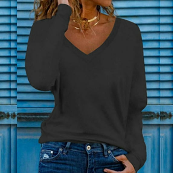 Goodtrade8 Long Sleeve Winter Tops for Women Plus Size Cotton Black Solid Color Casual V-Neck Winter Shirts for Women Plus Size