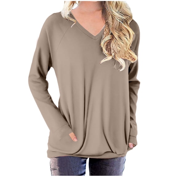 Goodtrade8 Long Sleeve Winter Tops for Women Solid Color Khaki V-Neck Casual Winter Shirts for Women