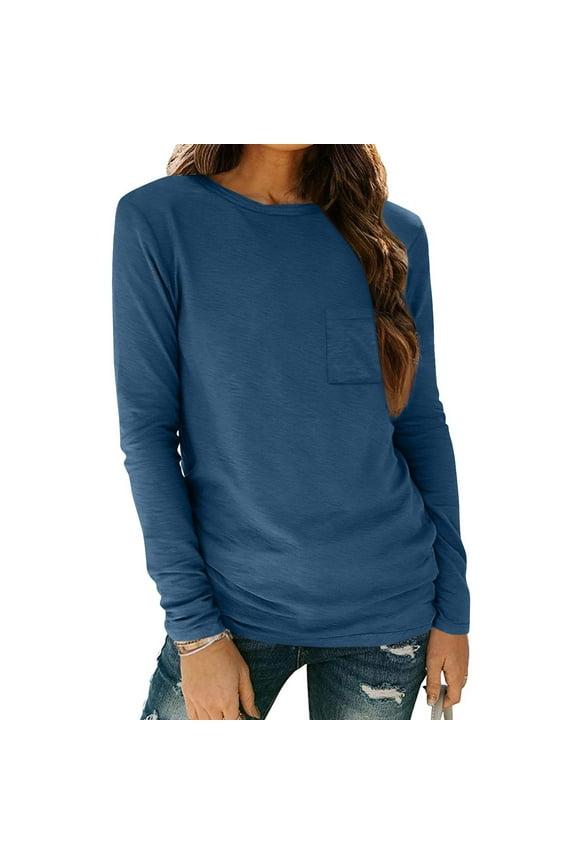 Long Sleeve Womens Tops Navy Solid Color Casual Crew Neck Fall Shirts