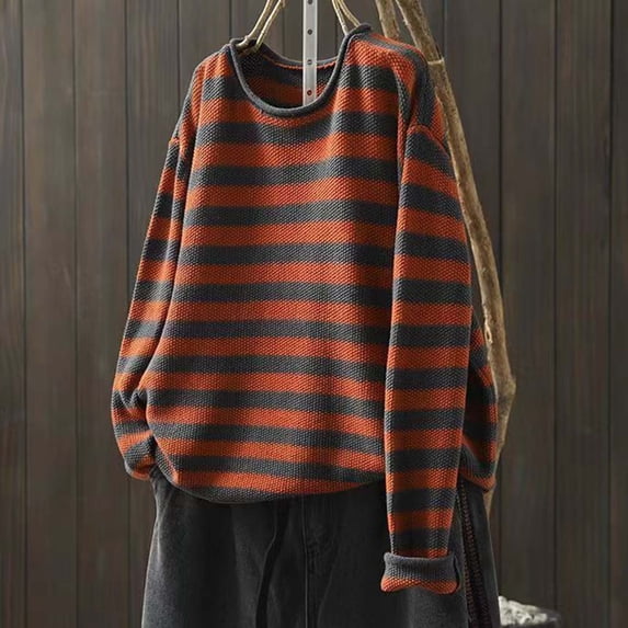 Goodtrade8 Loose Womens Sweaters Striped Pullover Long Sleeve Casual V-Neck Lightweight Sweater Tops
