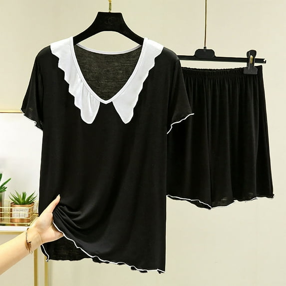 Goodtrade8 Lounge Sets 2 Piece Plus Size Solid Color Short Sleeve V-Neck Loungewear Casual Women Pajamas