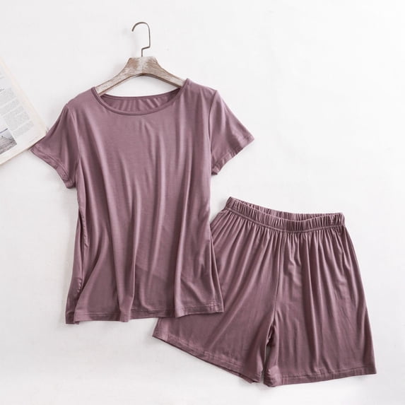 Goodtrade8 Lounge Sets Plus Size 2 Piece Loungewear Crew Neck Short Sleeve Solid Color Casual Woman Pijamas