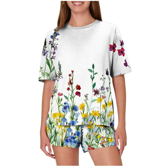Goodtrade8 Lounge Sets for Women Soft 2 Piece Crew Neck Short Sleeve Casual Lightweight Printed Pajamas for Women