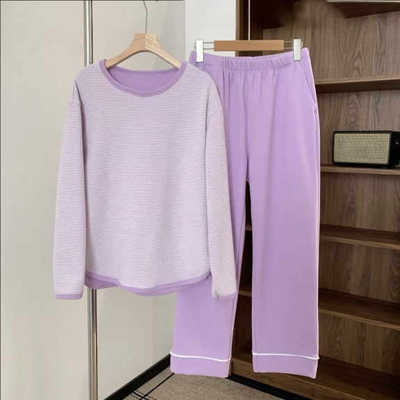 Goodtrade8 Loungewear for Women Fleece Sleepwear Long Sleeve 2 Piece Casual Solid Color Crew Neck Womens Pjs