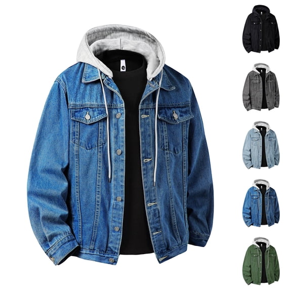 Goodtrade8 Men's Hoodies Sweatshirt Denim Hooded Pullover Sweatshirt Solid Color Button with Pocket Casual Long Sleeve Mens Sweatshirts Winter