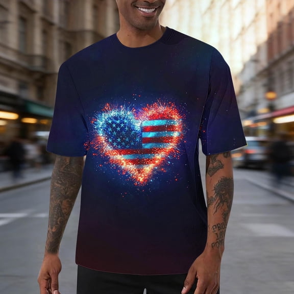 Goodtrade8 Men's Short Sleeve Tshirts Red White and Blue Summer Pullover Independence Day Patriotic 4th of July Casual Tops for Men American Flag