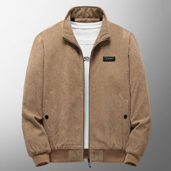Goodtrade8 Mens Jackets Warm Zip up Fleece Jackets Stand Collar Plain Casual Pocket Khaki Mens Coats