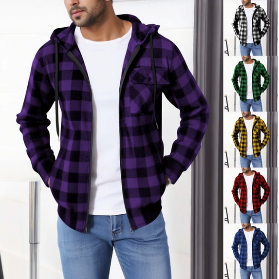 Goodtrade8 Mens Jackets with Hoods Full Zip Blouse Top Pocket Outerwear Casual Long Sleeve Plaid Winter Mens Coats