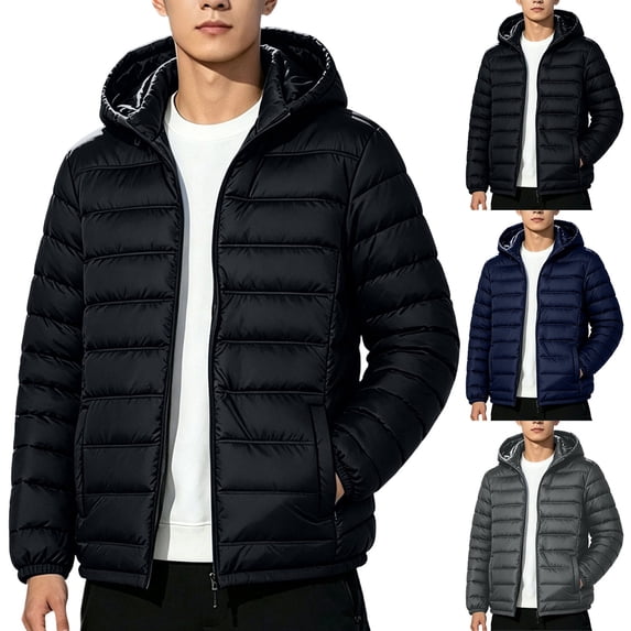 Goodtrade8 Mens Jackets with Hoods Zip up Big and Tall Puffer Jacket Warm Solid Color Casual Hooded Long Sleeve Mens Coats