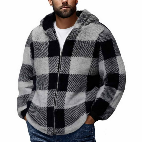 Goodtrade8 Mens Plaid Jackets Pockets Outwear Winter Fleece Coats for Men Long Sleeve