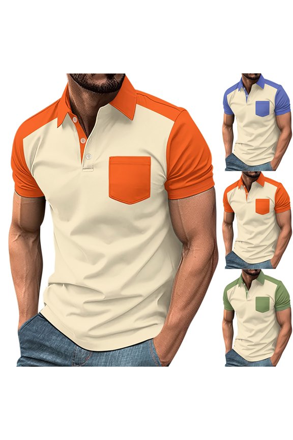 Mens Polo Shirts Patchwork Short Sleeve Pullover Collar Summer Casual T-Shirts for Men Outdoor