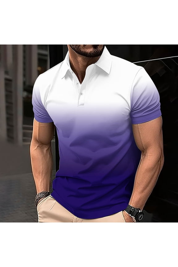 Mens Polo T-Shirts Gradient Print Collared Pullover Casual Short Sleeve Summer Style Shirts for Men V-Neck