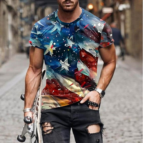 Goodtrade8 Mens Short Sleeve Shirts Patriotic Pullover Summer Travel Casual T-Shirts for Men Print