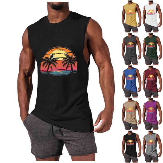 Goodtrade8 Mens Sleeveless Tank Tops Summer Graphic T-Shirts Muscle Undershirts Beach Outdoor Athletic Shirts for Men Crew Neck,Size: L
