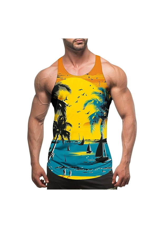 Mens Sleeveless Tank Tops T Shirts Graphic Summer Crew Neck Muscle Running Undershirts Athletic Shirts for Men Beach,Size: L