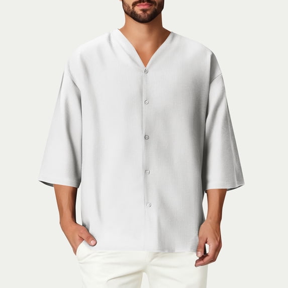Goodtrade8 Mens Summer T-Shirts 3/4 Sleeve Plain Button Casual Button up Button up Shirts for Men Outdoor
