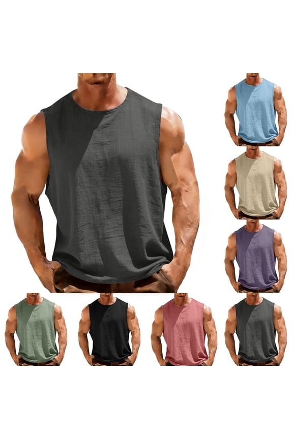 Breathable Summer T-Shirts for Men Cotton Linen Tank Tops Sleeveless Solid Color Casual Pocket Crew Neck T-Shirts for Men