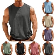 Goodtrade8 Breathable Summer T-Shirts for Men Cotton Linen Tank Tops Sleeveless Solid Color Casual Pocket Crew Neck T-Shirts for Men