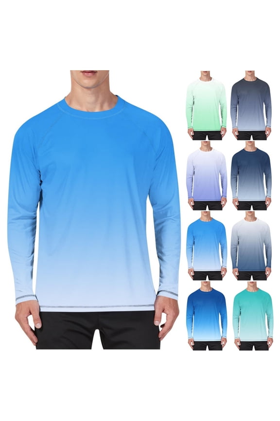 Mens Summer T-Shirts UPF 50+ UV Sun Protection Big and Tall Summer Shirt Long Sleeve Casual Crew Neck Gradient Quickly Dry Shirts for Men