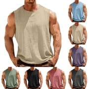 Goodtrade8 Mens T-Shirts Cotton Linen Breathable Tank Tops Crew Neck Pocket Solid Color Sleeveless Casual T-Shirts for Men