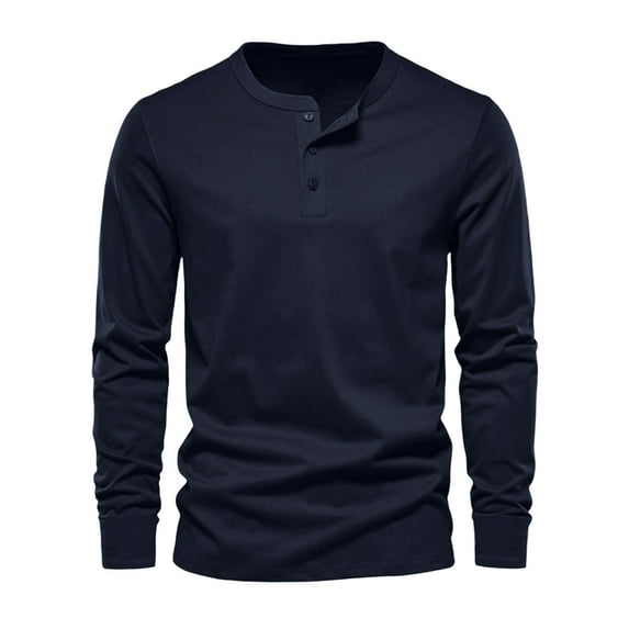 Goodtrade8 Mens Tops Casual Plus Size Button Crew Neck Solid Color Long Sleeve Navy Shirts for Men