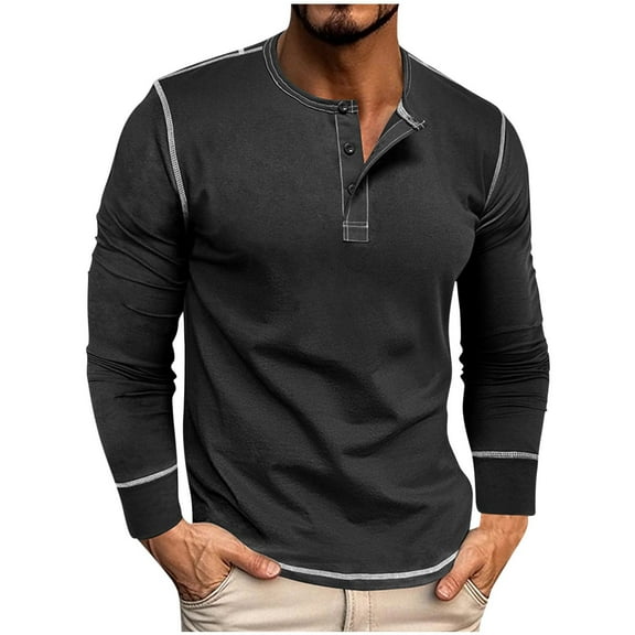 Goodtrade8 Mens Tops Long Sleeve 100% Cotton Solid Color Button Crew Neck Long Sleeve Black Casual Winter Shirts for Men