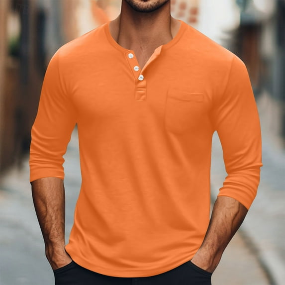 Goodtrade8 Mens Tops for Fall Button Solid Color Casual Crew Neck Orange Long Sleeve Fall Shirts