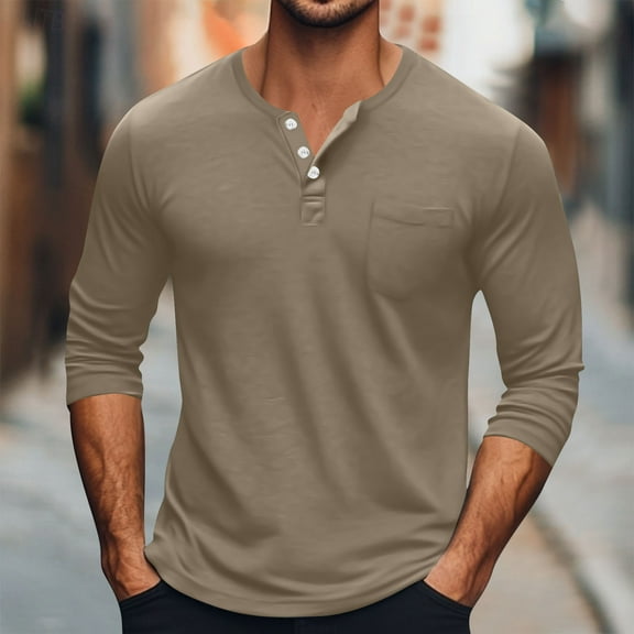 Goodtrade8 Mens Tops for Fall Solid Color Casual Button Crew Neck Long Sleeve Bronze Fall Shirts