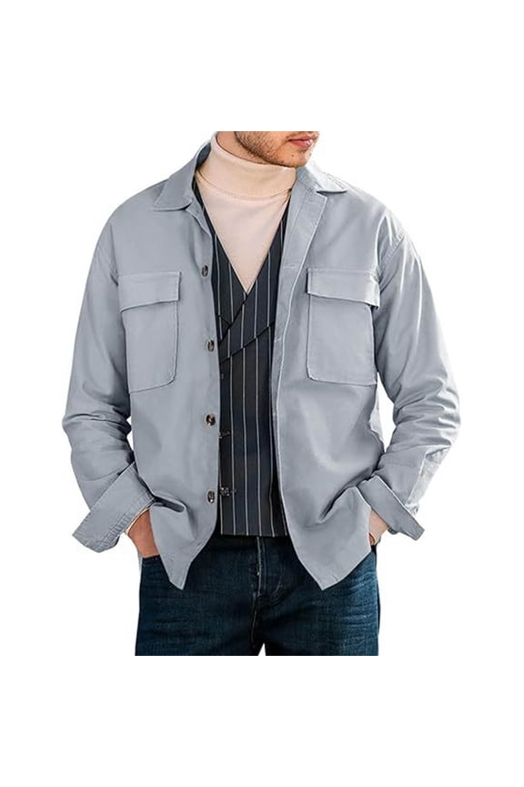 Mens Winter Jackets and Coats Button Casual Shirt Jacket Gray Plain Pocket Lapel Outdoor Mens Coats Outerwear Winter