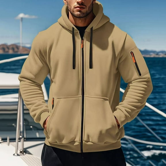 Goodtrade8 Mens Winter Jackets and Coats Pocket Zip up Windbreaker Plain Long Sleeve Casual Hooded Mens Coats and Jackets