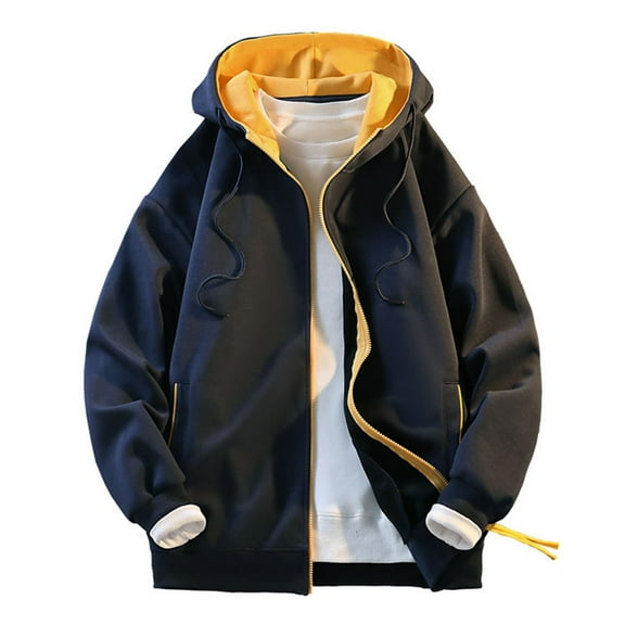 Goodtrade8 Mens Zipper Jackets Winter Outwear with Pockets Hooded Fashion Long Sleeve Coats for Men Solid Color