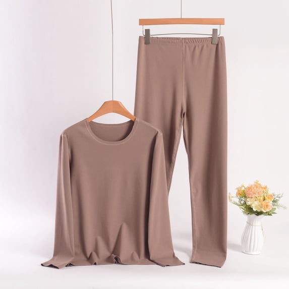 Goodtrade8 Pajama Set Fleece Plus Size Solid Color 2 Piece Casual Crew Neck Long Sleeve Women Pjs