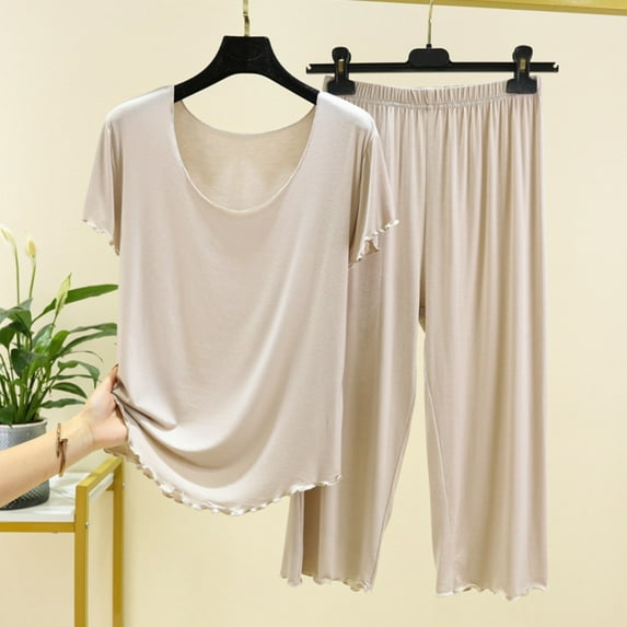 Goodtrade8 Pajama Set for Woman 2 Piece Soft Crew Neck Short Sleeve Sleepwear Casual Solid Color Womens Pajama Sets