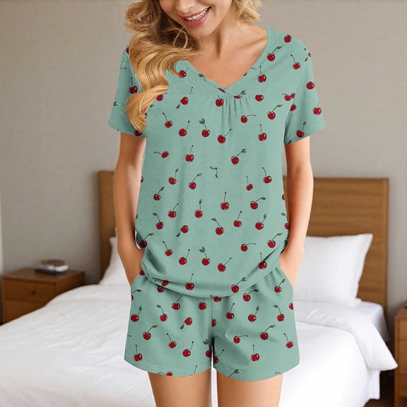 Goodtrade8 Pajama Sets Petite with Pocket V-Neck Casual Printed Sleepwear Short Sleeve Holiday Woman Pajamas