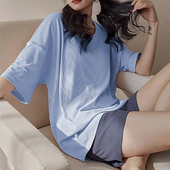 Goodtrade8 Pajama Sets for Women Cotton 2 Piece Solid Color Crew Neck Sleepwear Short Sleeve Casual Womens Pjs Sets