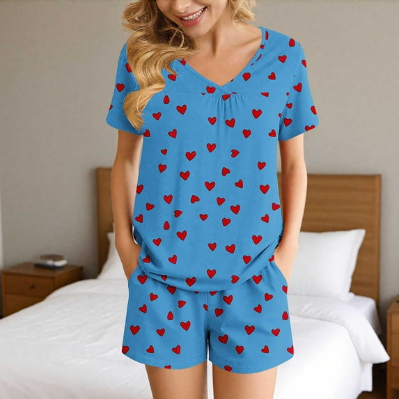 Goodtrade8 Pajama Sets for Women Petite with Pocket Casual V-Neck Sleepwear Printed Short Sleeve Holiday Pajamas for Women