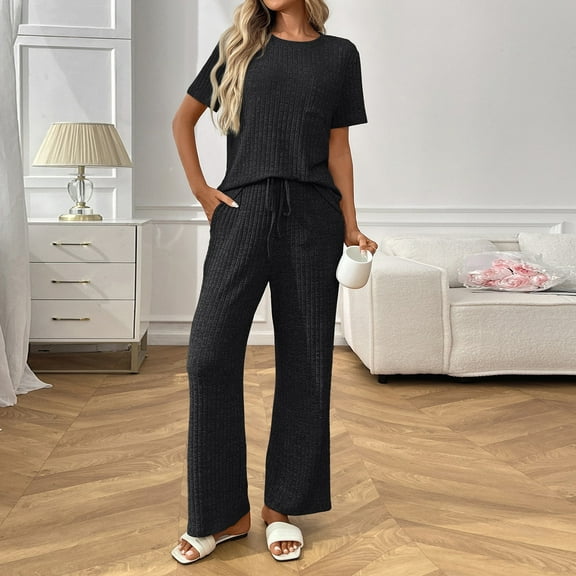 Goodtrade8 Pajama Sets for Women with Pocket 2 Piece Crew Neck Loungewear Short Sleeve Casual Solid Color Woman Pijamas