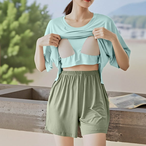 Goodtrade8 Pajamas Sets 2 Piece Pads Short Sleeve Crew Neck Sleepwear Casual Solid Color Holiday Pajamas Woman