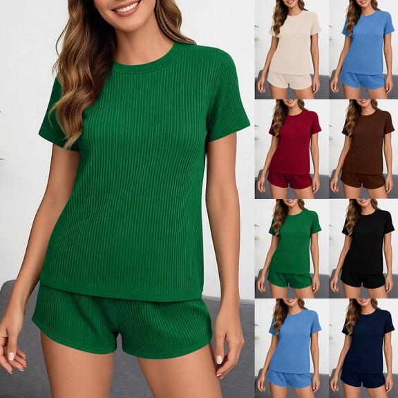 Goodtrade8 Pajamas Sets for Women Shorts & Tops Casual Homewear 2 Pieces Solid Color Loungewear Summer PJS Short Sleeve Womens PJS Homewear