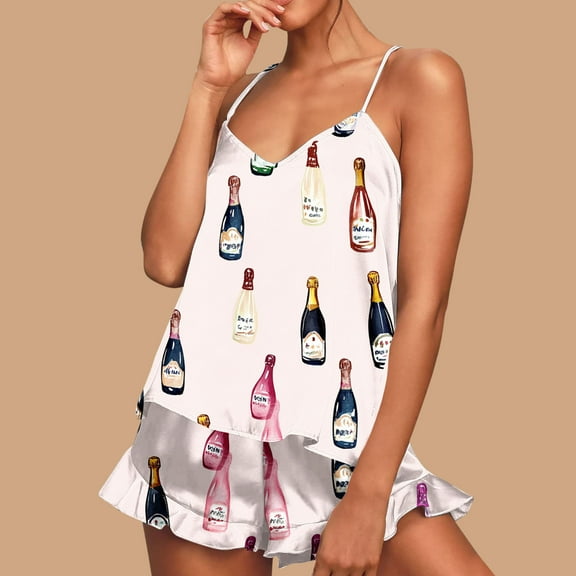 Goodtrade8 Pajamas for Women 2 Piece Petite Sleeveless Printed Casual V-Neck Sleepwear Holiday Woman Pajamas