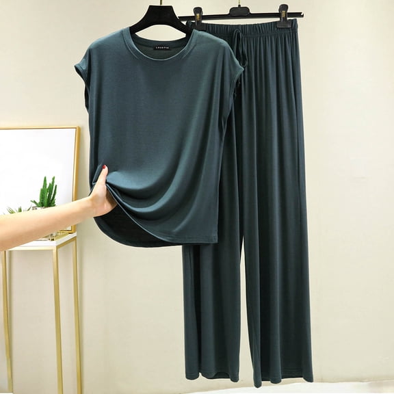 Goodtrade8 Pajamas for Women 2 Piece Soft Casual Sleepwear Solid Color Crew Neck Short Sleeve Holiday Woman Pajamas