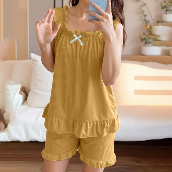 Goodtrade8 Pajamas for Women Breathable 2 Piece Camisoles Casual Solid Color Sleeveless Loungewear Holiday Pajamas Woman