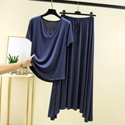Goodtrade8 Pajamas for Women Breathable 2 Piece Short Sleeve V-Neck Solid Color Casual Loungewear Holiday Pajamas for Women
