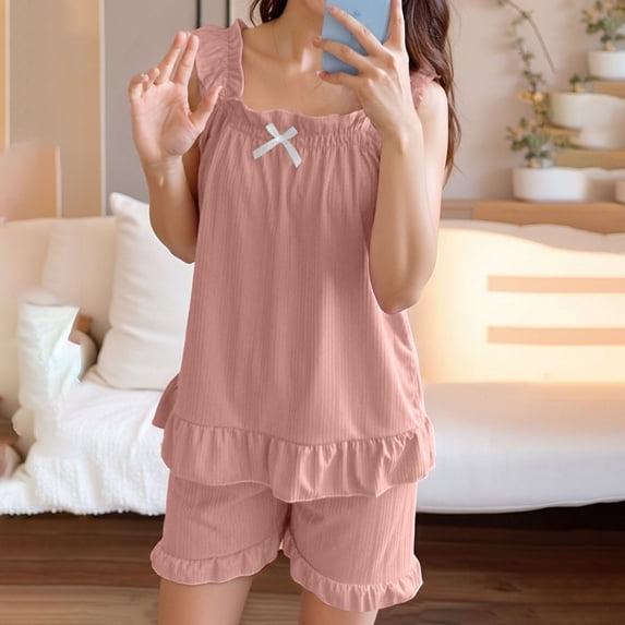 Goodtrade8 Pajamas for Women Set Breathable 2 Piece Camisoles Sleeveless Loungewear Solid Color Casual Ladies Pjs